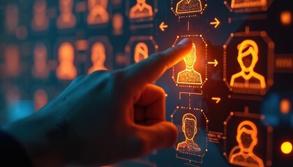Poster - Hand selects user profile from futuristic interface with glowing details. Digital technology with interactive elements. Human hand touches screen, virtual dashboard concept. Information system, data