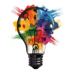 Poster - Creative light bulb design with colorful paint splashes and various icons representing ideas and innovation