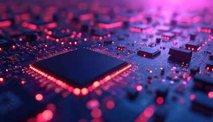 Leinwandbilder - Futuristic tech background features glowing circuit board with processors. Abstract digital illustration in purple, blue hues. Modern tech design with neon lights, chips. Innovative tech, computing,