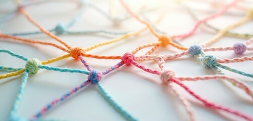 Poster - Colorful knotted threads form network, pastel background. Conceptual image of connection, teamwork, global communication, business, social media, tech, digital world. Excellent illustration for