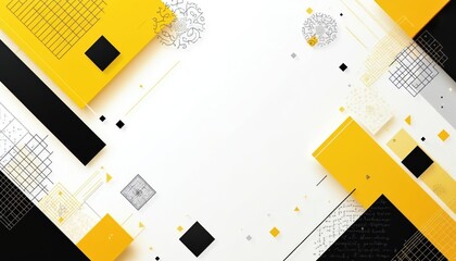 Leinwandbilder - Abstract geometric design features yellow, black shapes against white background. Dynamic arrangement of squares rectangles, lines, dots. Perfect for design projects, tech, website backgrounds,