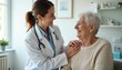 © Maryna - Smiling doctor supports elderly patient in medical office. Pro physician provides assistance. Positive interaction, comfort, compassion, trust, communication between physician, senior patient.