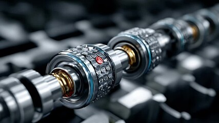 Poster - Close-up of Metallic Cylindrical Components with Red Button and Gold Accents