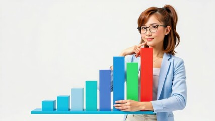 Poster - A young woman in a blue blazer smiles while holding a colorful ascending bar graph, symbolizing growth or success.