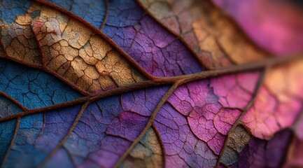 Poster - Close-up of an autumn leaf shows intricate vein patterns and vibrant colors. The rich texture highlights the shift in hues, reflecting the beauty of the fall season in nature