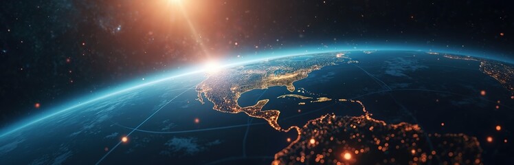 Poster - Global network background concept. Earth globe with digital connections. Digitalization, cyberspace, global network, internet. Business, technology, communication. Worldwide connect information,