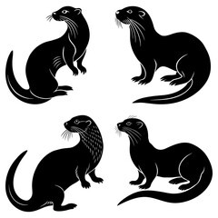 Poster - Four black silhouette illustrations of otters in various poses against a white background design element