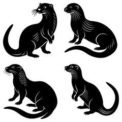 Poster - Four black silhouette otters in different poses isolated on a white background in a vector format image