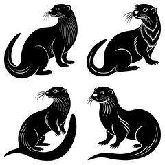 Poster - Four black otter illustrations in various poses with detailed fur and whiskers on a white background