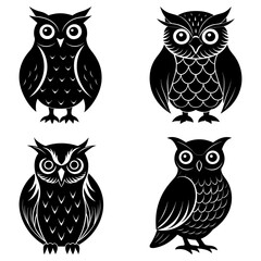 Poster - Four black and white owl illustrations with different feather patterns and eye styles displayed together
