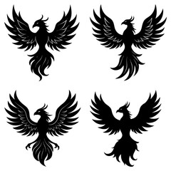 Poster - Four black phoenix birds with spread wings arranged in a square pattern on a white background design element