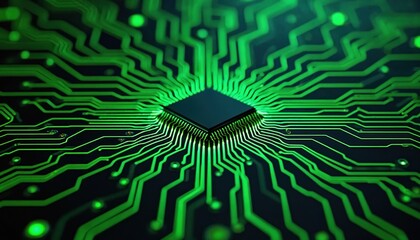 Leinwandbilder - Close-up electronic circuit board with bright green lines. Tech hardware components, integrated circuit pattern, central processing unit chip. Digital tech, data transfer, communication, network,