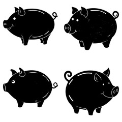 Poster - Four black silhouette cartoon pigs with curly tails and smiling faces on a white background illustration