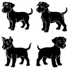 Leinwandbilder - Four black puppy illustrations in different poses standing on a white background in vector format