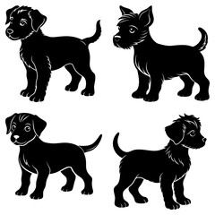 Poster - Illustrations of four different black puppies standing in various poses against a white background art