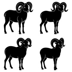Leinwandbilder - Four black silhouette drawings of rams with curved horns standing on a white background design element
