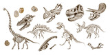 Set of dinosaur skeletons. Eggs and prehistoric fossils. Traceratops and Theronasaurus bones. Watercolor illustration isolated from background. Hand drawn. Poster or banner.