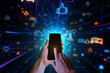 © Amgun - Man touches phone in virtual space. Concept of social media marketing, internet advertisement, e-commerce, global internet, network connection, new feedback, reply chat and smm strategy.