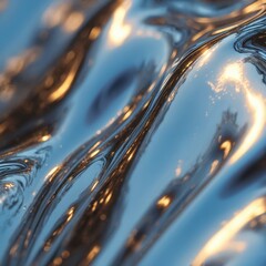Leinwandbilder - Abstract image of water surface with blurry reflections. Curved mirror effect with color texture. Water wave background, blue and gold colors, modern design.