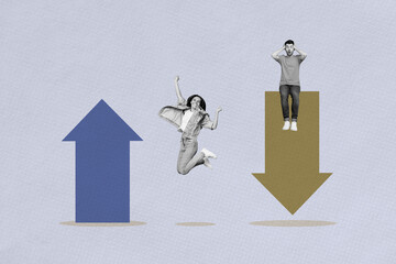 Aufkleber - Trend art collage of people win stand near two arrows go up down on blue background