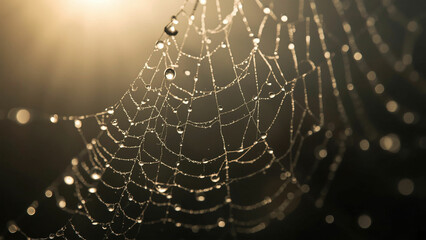 A close-up of a spider web glistening with morning dew drops, revealing intricate natural patterns