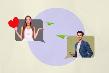 Poster - Zine banner full photo pop collage of happy girl guy peek communication bubble distance correspondence chat dialogue phrase