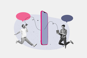 Poster - Poster banner full 3d photo collage of happy girl guy stand phone device screen bubble notification social network correspondence chat