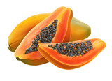 Fresh ripe papaya with slices, tropical fruit on transparent background ideal for packaging, culinary, or health concepts