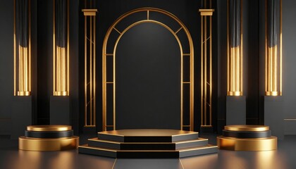 Poster - Elegant golden stage setup for events modern venue 3d render indoor dramatic lighting
