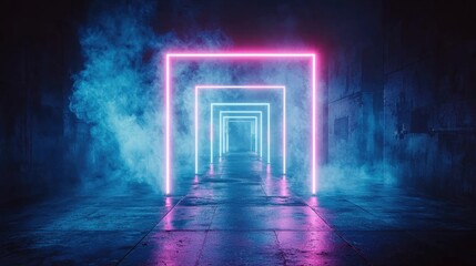 Poster -  Illuminated neon corridor urban setting high-quality photography dark environment perspective view futuristic concept
