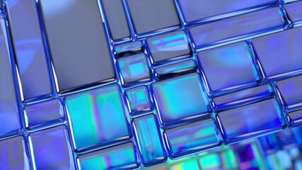 Poster - Blue glass tiles with smooth, rounded edges creating an abstract geometric pattern, rotating and reflecting iridescent light in mesmerizing luminescent motion