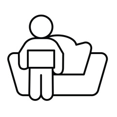 Fototapete - Man with laptop on sofa thin line icon, remote work concept. Vector graphics. Person sitting on couch with computer sign on white background, style mobile or design.