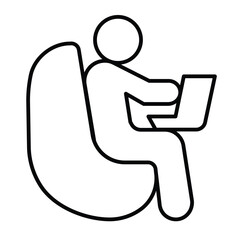 Fototapete - Man with laptop and chair thin line icon, remote work concept. Vector graphics. Human sitting on easy chair sign on white background, style mobile or design.
