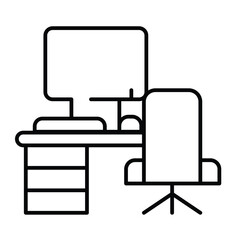 Fototapete - Desk with chair and desktop thin line icon, remote work concept. Vector graphics. Personal workplace with computer sign on white background, style mobile or design.