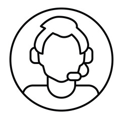 Poster - Consultant man with microphone headset thin line icon, remote work concept. Vector graphics. Support assistant guy sign on white background, style mobile or design.
