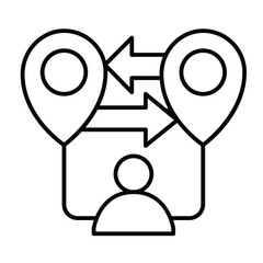 Poster - User with map distance thin line icon, remote work concept. Vector graphics. Location pins, arrows and user sign on white background, style mobile or design.