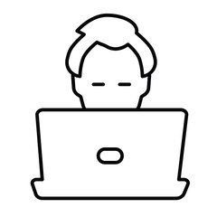 Fototapete - Freelancer guy with laptop thin line icon, remote work concept. Vector graphics. Man, person and computer sign on white background, style mobile or design.