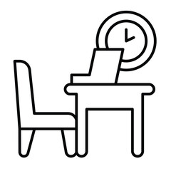Fototapete - Table with chair and laptop thin line icon, remote work concept. Vector graphics. Personal workplace with computer and clock sign on white background, style mobile or design.