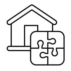 Poster - Home house and puzzle thin line icon, remote work concept. Vector graphics. Cottage building with puzzle piece, logic game sign on white background, style mobile or design.