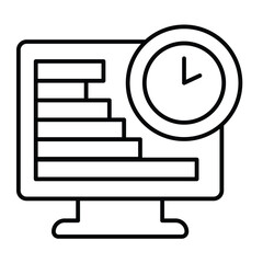Fototapete - Monitor screen with chart and clock thin line icon, remote work concept. Vector graphics. Market job, task schedule display sign on white background, style mobile or design.