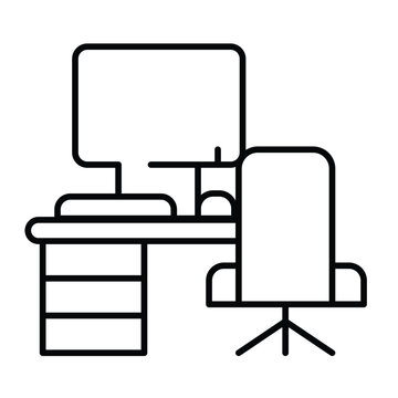 Desk with chair and desktop thin line icon, remote work concept. Vector graphics. Personal workplace with computer sign on white background, style mobile or design.