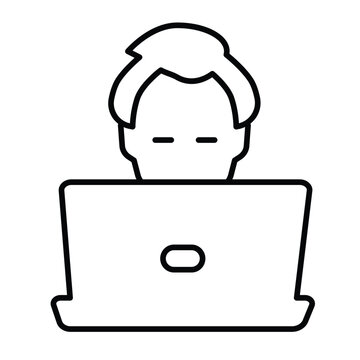 Freelancer guy with laptop thin line icon, remote work concept. Vector graphics. Man, person and computer sign on white background, style mobile or design.