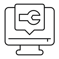 Fototapete - Monitor screen with wrench popup window thin line icon, repair service concept. Vector graphics. Computer repair message sign on white background, style mobile or design.