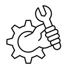 Fototapete - Gear with wrench in hand thin line icon, repair service concept. Vector graphics. Human hand with wrench in cogwheel sign on white background, style mobile or design.