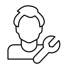 Poster - Mechanic guy and wrench thin line icon, repair service concept. Vector graphics. Master man with repair tool sign on white background, style mobile or design.