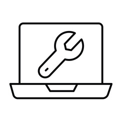 Fototapete - Laptop screen with wrench thin line icon, repair service concept. Vector graphics. Computer repair, system message sign on white background, style mobile or design.