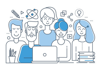 Aufkleber - Flat line design of creative team. Teamwork outline color concept