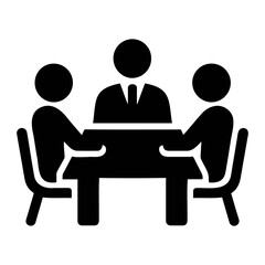 Poster - A black and white illustration of three figures seated around a table in a meeting setting icon on transparent background