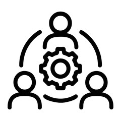 Poster - Three stylized people connected by arcs surrounding a gear in a teamwork illustration on transparent background