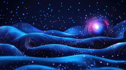 Poster - Cosmic waves of light in a dark universe digital art abstract landscape futuristic wide angle surrealism

